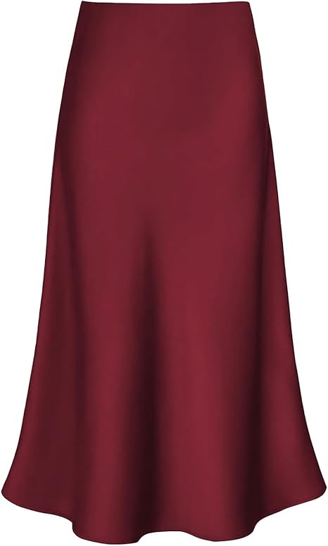 Women's Satin High Waist Hidden Elasticized Waistband Flared Casual A Line Midi Skirt