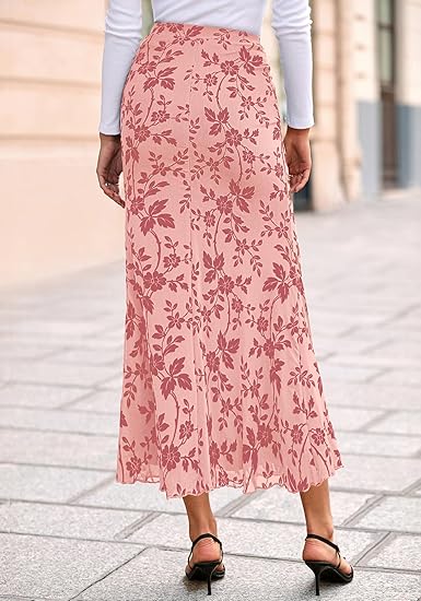 Womens Floral Mesh Maxi Skirt Spring Summer Elastic High Waisted Boho Elegant Mermaid Long Skirts for Women